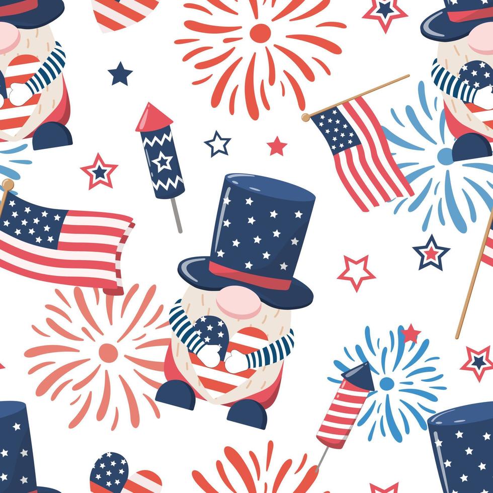 Patriotic gnomes with US Independence day holding fireworks, American flags, hearts. Vector seamless pattern. Isolated on white background. Cute design for digital paper, background.