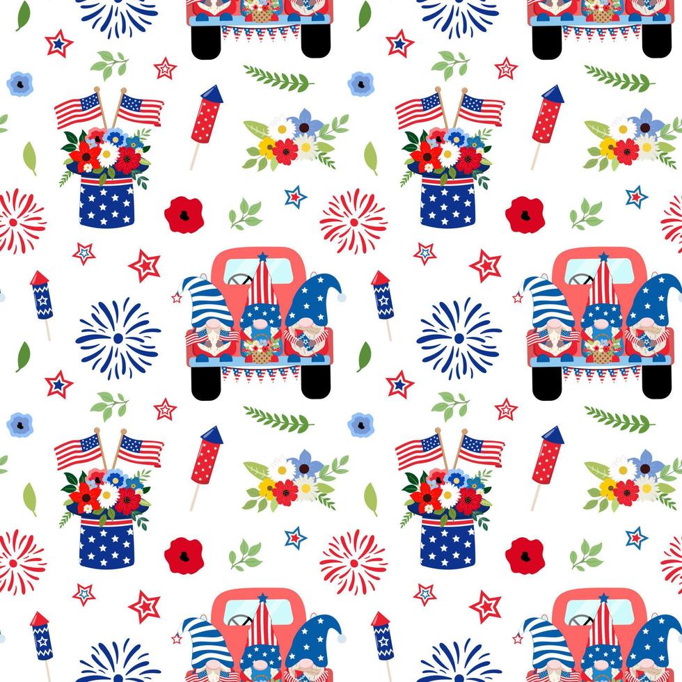 4th of July Independence day floral pickup truck with gnomes, crackers, and sparklers seamless pattern. Isolated on white background. American Independence day, 4th of July holiday themed design. vector