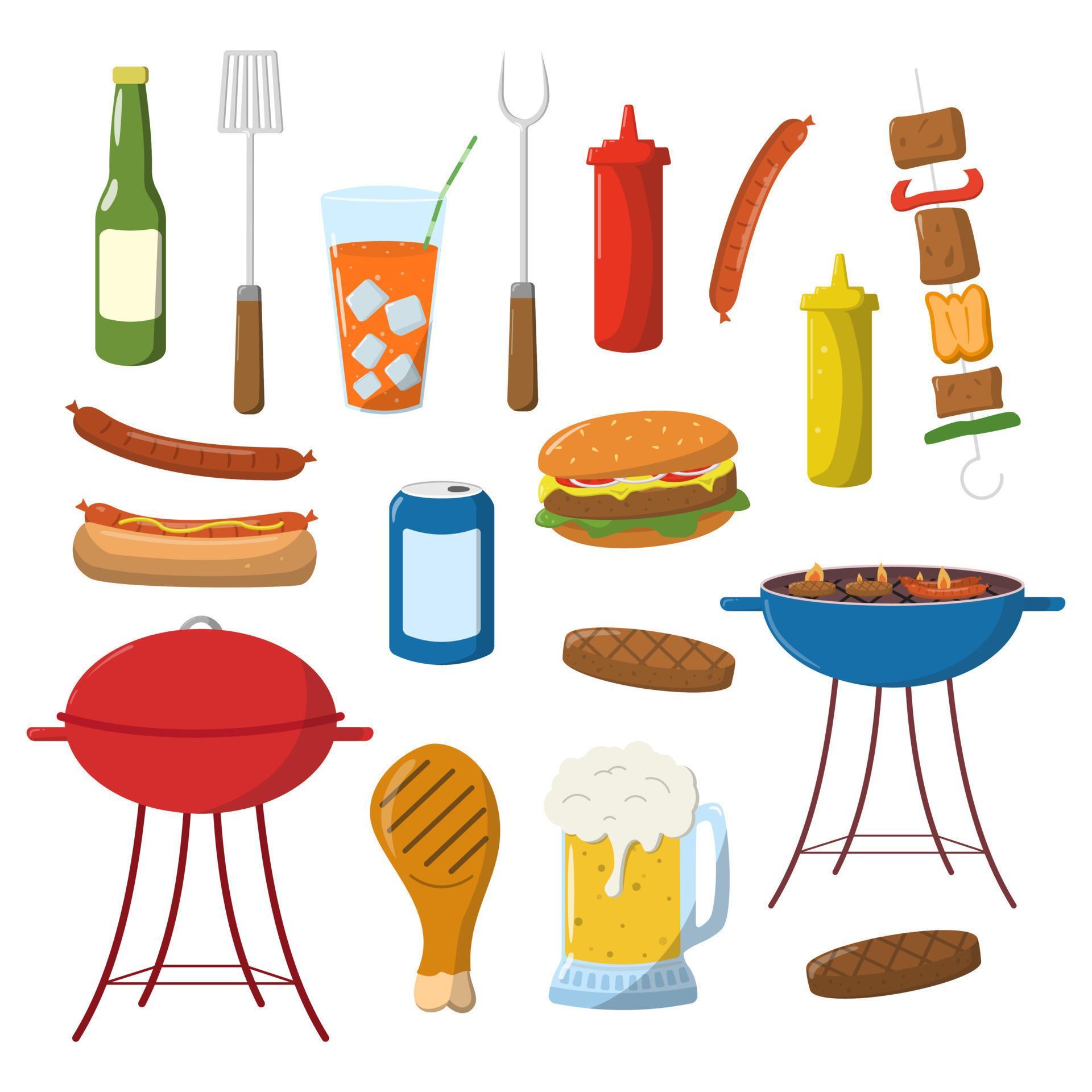 Cartoon barbecue equipment, outdoor bbq picnic elements. Grilled