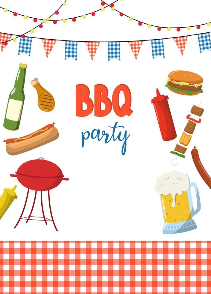 plantilla de invitación de fiesta de barbacoa. volante, pancarta o póster de fin de semana de barbacoa de verano. ilustración a la parrilla con comida y bebida. plantilla de diseño para tarjeta, póster, anuncio. vector