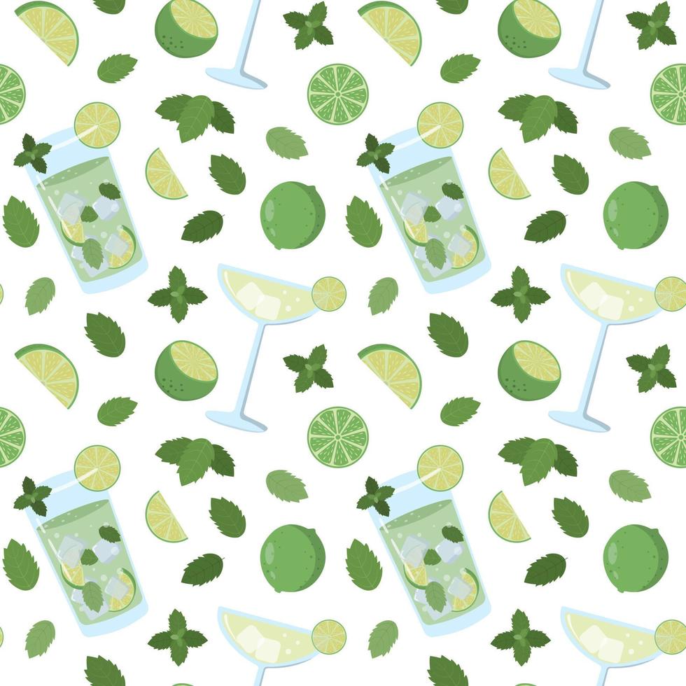 Mojito cocktail with mint leaves, and lime. Cartoon summer seamless pattern. Isolated on a white background. Design for paper, wallpaper, textile, and packaging. vector