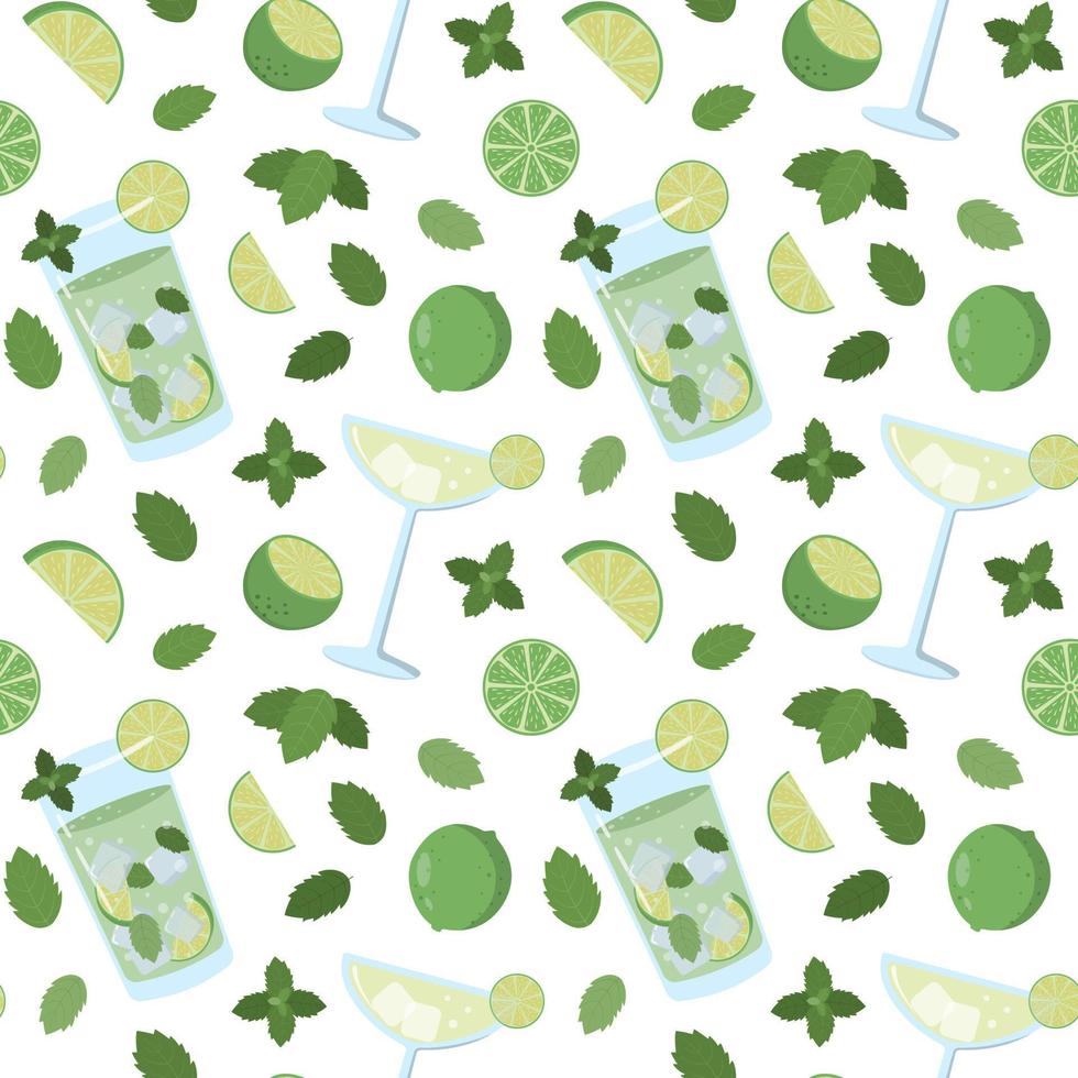 cóctel de mojito con hojas de menta y lima. dibujos animados de patrones sin fisuras de verano. Aislado en un fondo blanco. diseño para papel, papel pintado, textil y embalaje. vector