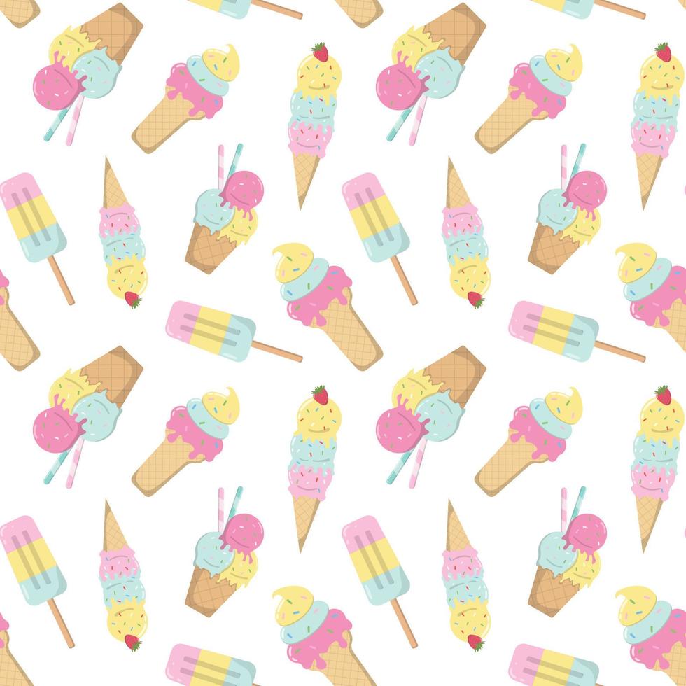 helado sabroso colorido de dibujos animados en patrones sin fisuras de colores pastel. aislado sobre fondo blanco. diseño con postres cremosos congelados, conos de gofres. sundae cucharadas de hielo textura vectorial, papel de vacaciones vector