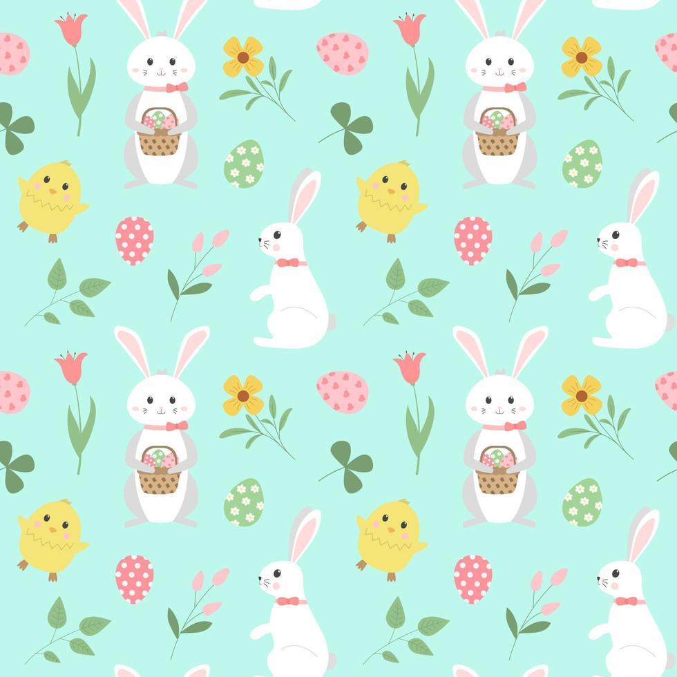 Spring easter seamless pattern. Repeat texture with bunny, chick, eggs and flowers on bright background. For greeting cards, wrappings, fabrics. vector
