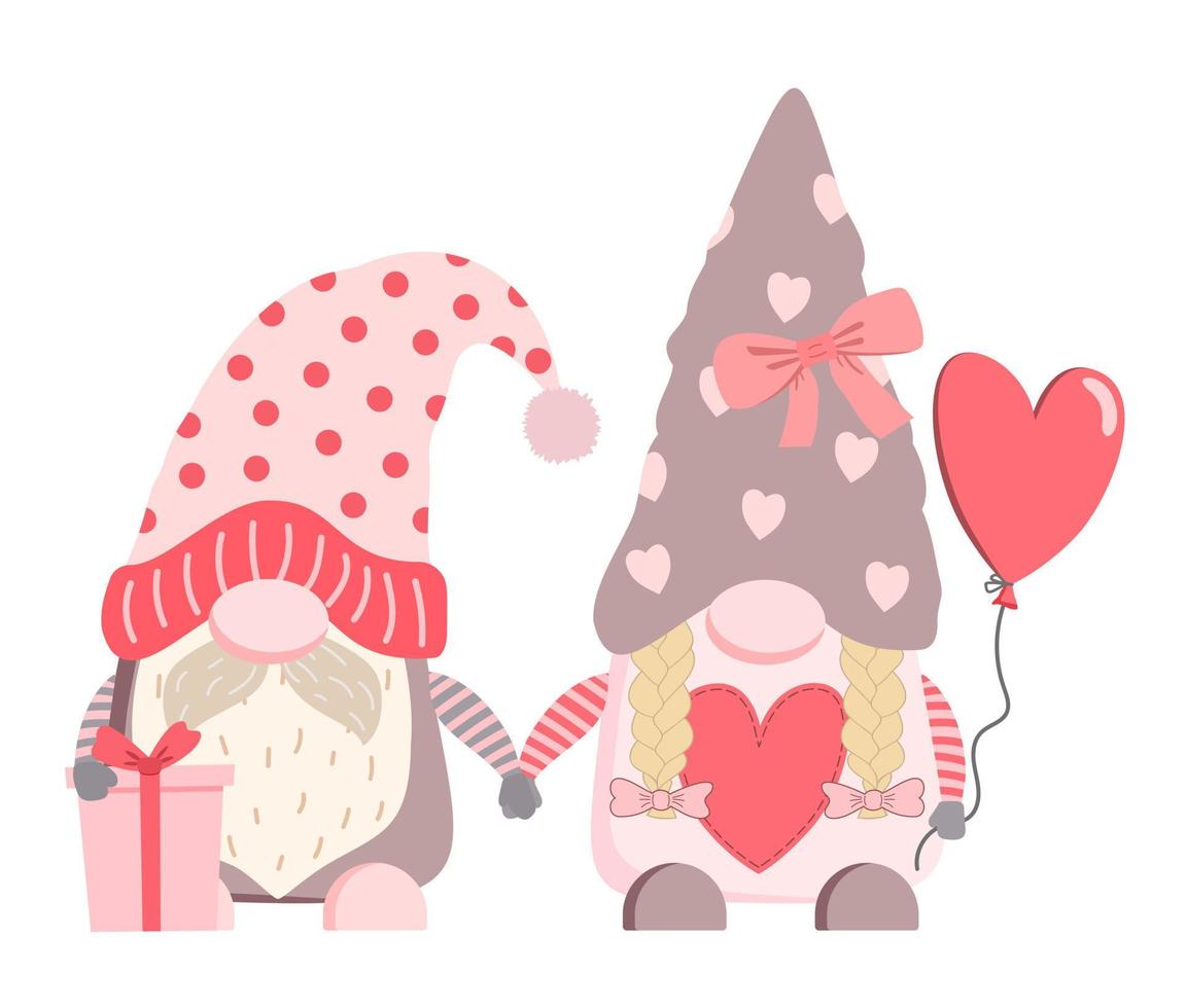 Cute cartoon Valentine gnomes in hats with gift and heart shaped balloon. Vector festive illustration. Isolated on white background.