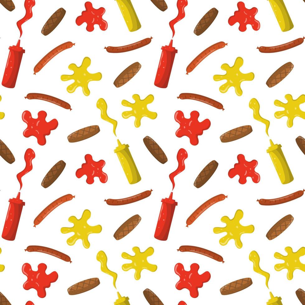 Cartoon flat sausages, burger patties, mustard and ketchup in plastic bottles seamless pattern. Isolated on a white background. Design for wrapping, party decoration. vector