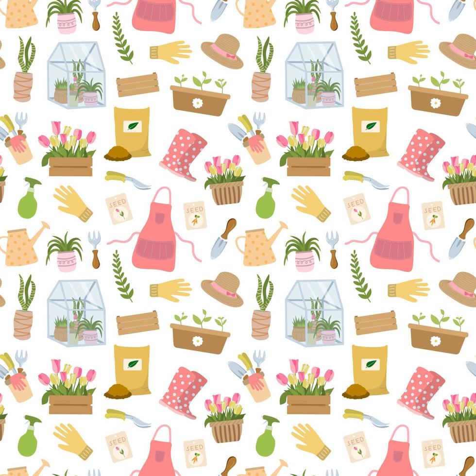 Gardening seamless pattern with tools, flowers, rubber boots, seeds, tulips, gloves and etc. for design garden center. Vector illustration. Isolated on white background.