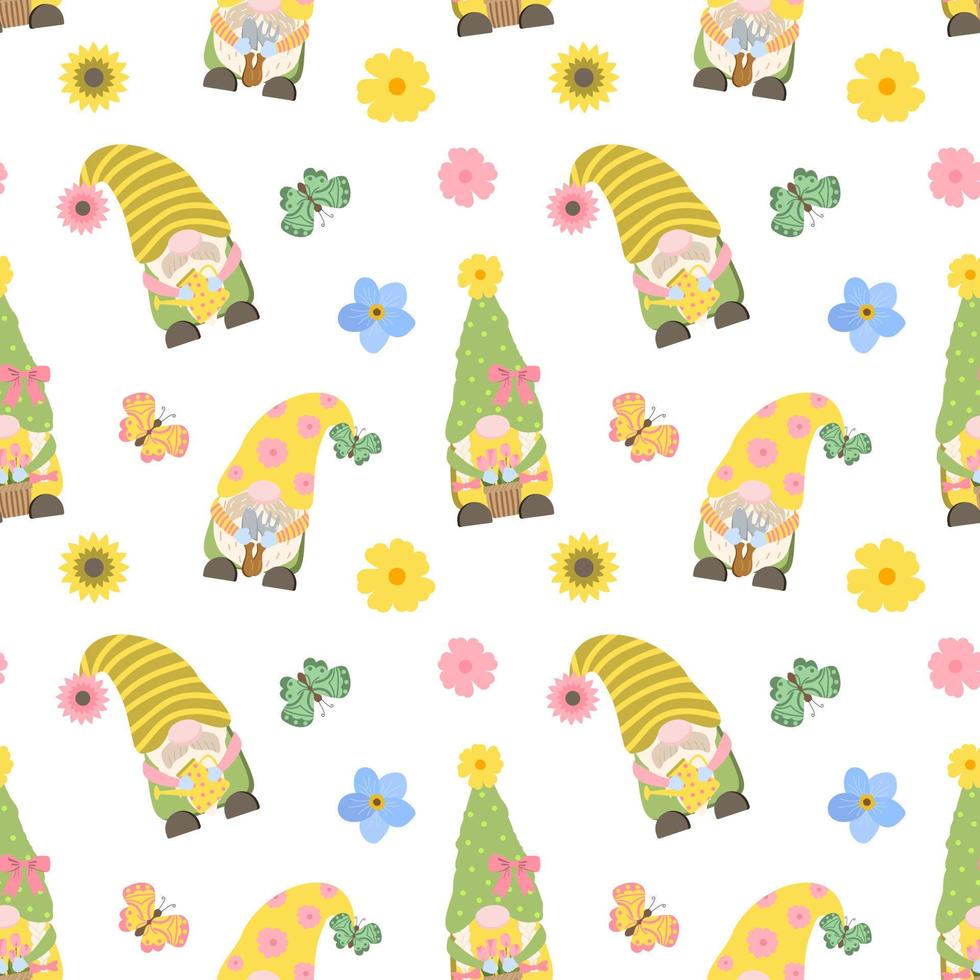 Spring gardening seamless pattern with colorful dwarfs, flowers, garden tools. Vector illustration in cartoon style. Isolated on white background.