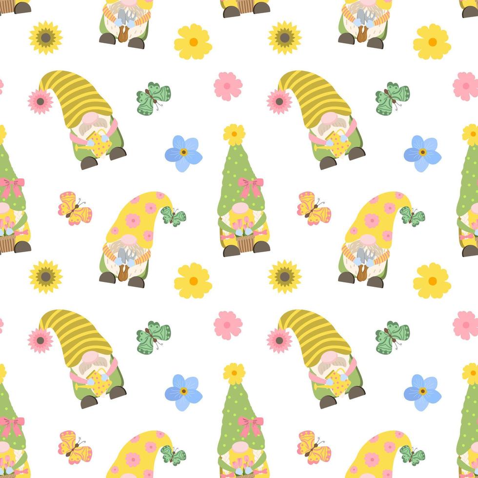 Spring gardening seamless pattern with colorful dwarfs, flowers, garden tools. Vector illustration in cartoon style. Isolated on white background.