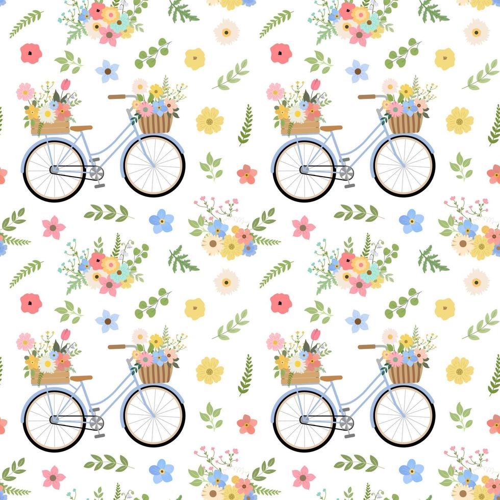 Retro style blue bicycles with spring flower bouquets seamless pattern. Isolated on white background. Romantic spring design. vector