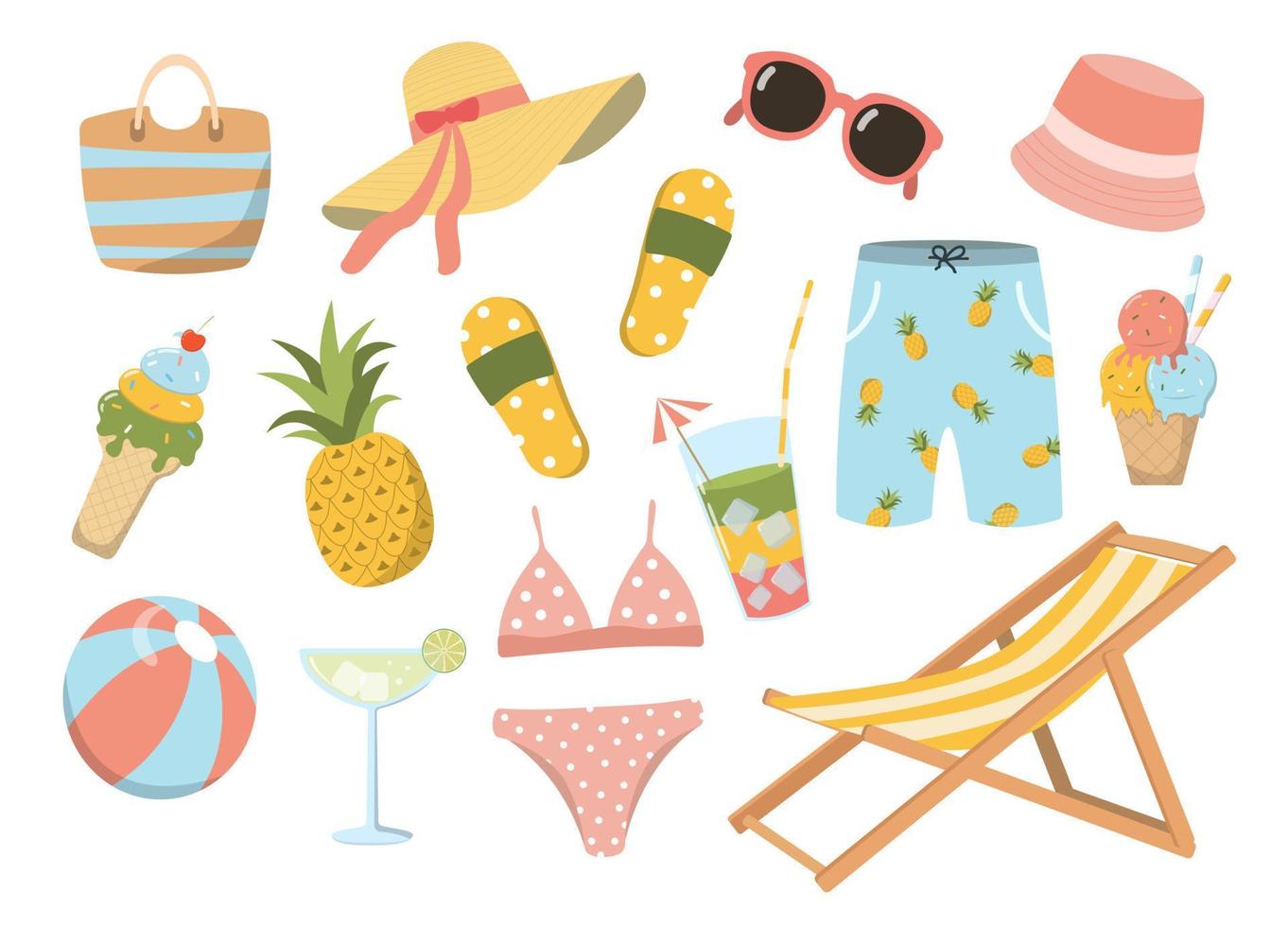 lindo conjunto de verano elementos de vacaciones en la playa. cócteles, silla sling, ropa de baño, gafas de sol. aislado sobre fondo blanco. imágenes prediseñadas vectoriales. genial para banner de verano, impresión, scrapbooking, pegatinas. vector