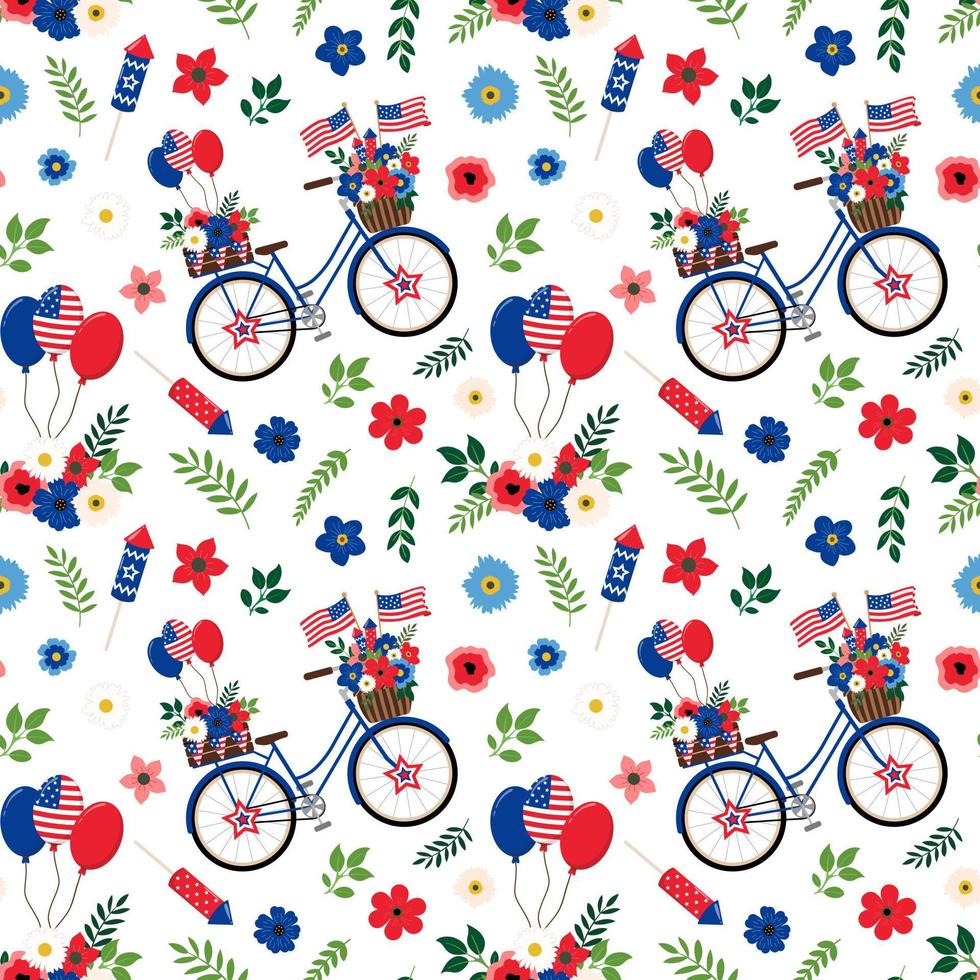 4th of July patriotic floral blue bicycle with American flags, and balloons seamless pattern. Isolated on white background. American Independence day themed design background. vector