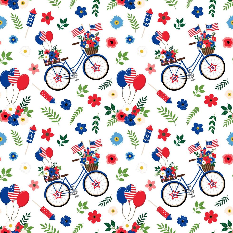 4 de julio bicicleta azul floral patriótica con banderas americanas y globos de patrones sin fisuras. aislado sobre fondo blanco. fondo de diseño temático del día de la independencia americana. vector