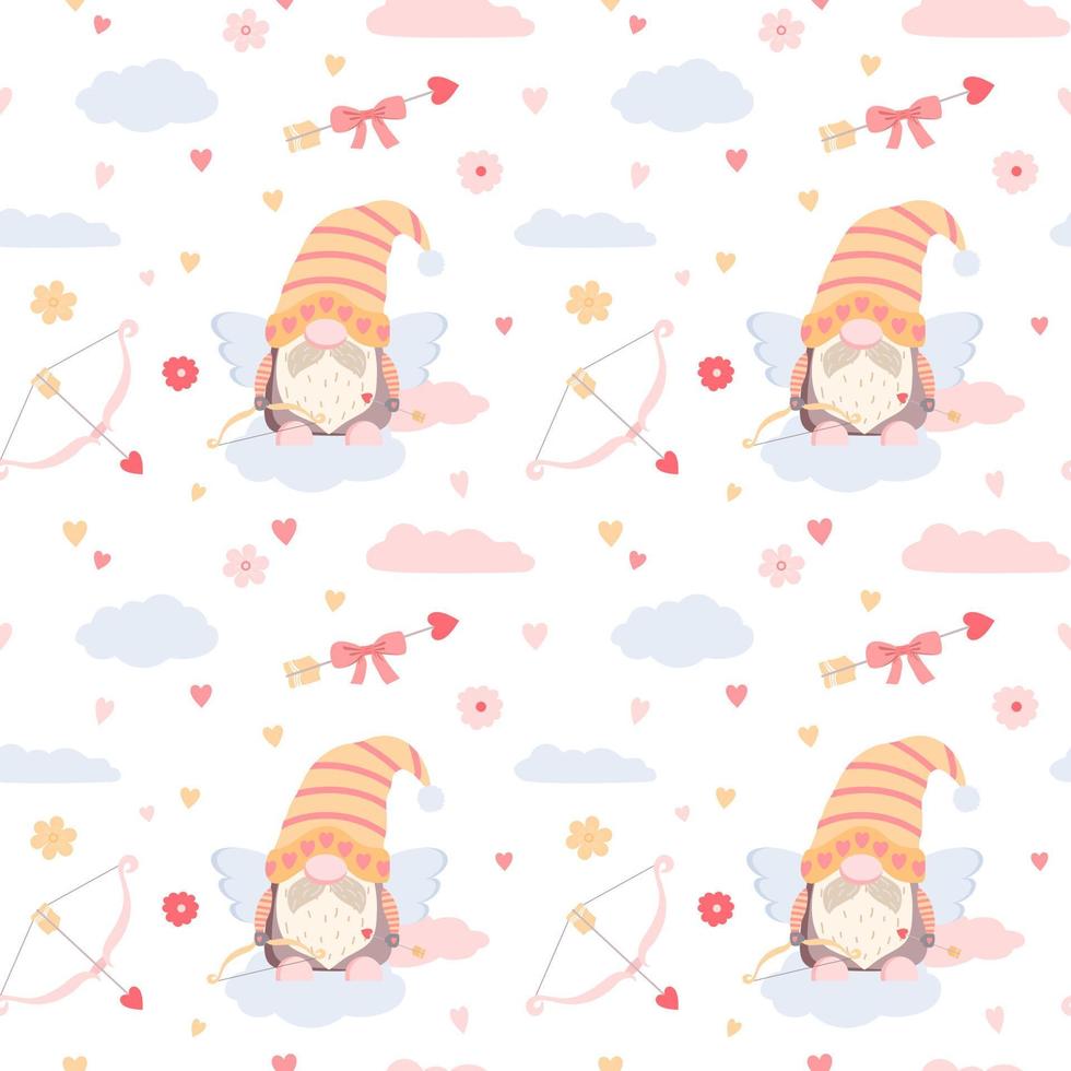 Cartoon romantic Valentine cupid gnome with bow, arrow and clouds seamless pattern. Isolated on white background. For wrapping paper and scrapbooking vector