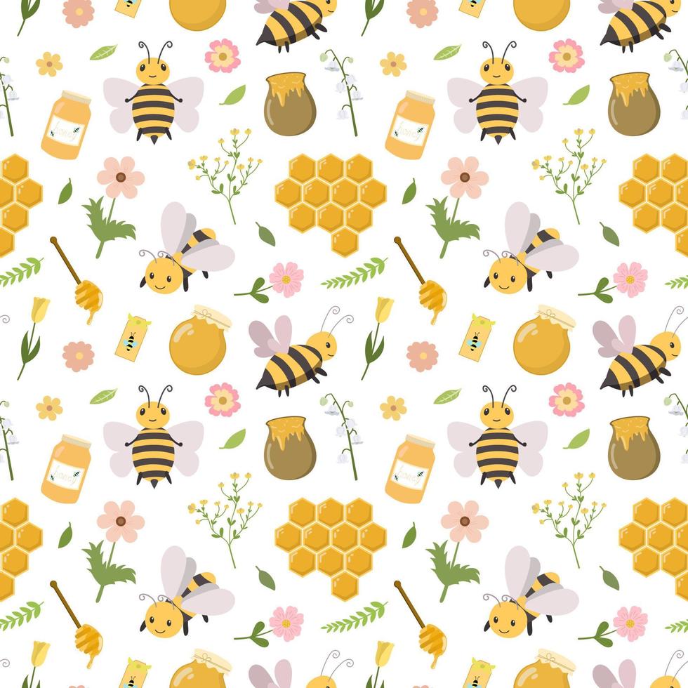 Sweet honey seamless pattern. Cute bees, tasty honey, bee hive, colorful flowers, honeycomb. Vector background. Design for fabric, textile, kids print.