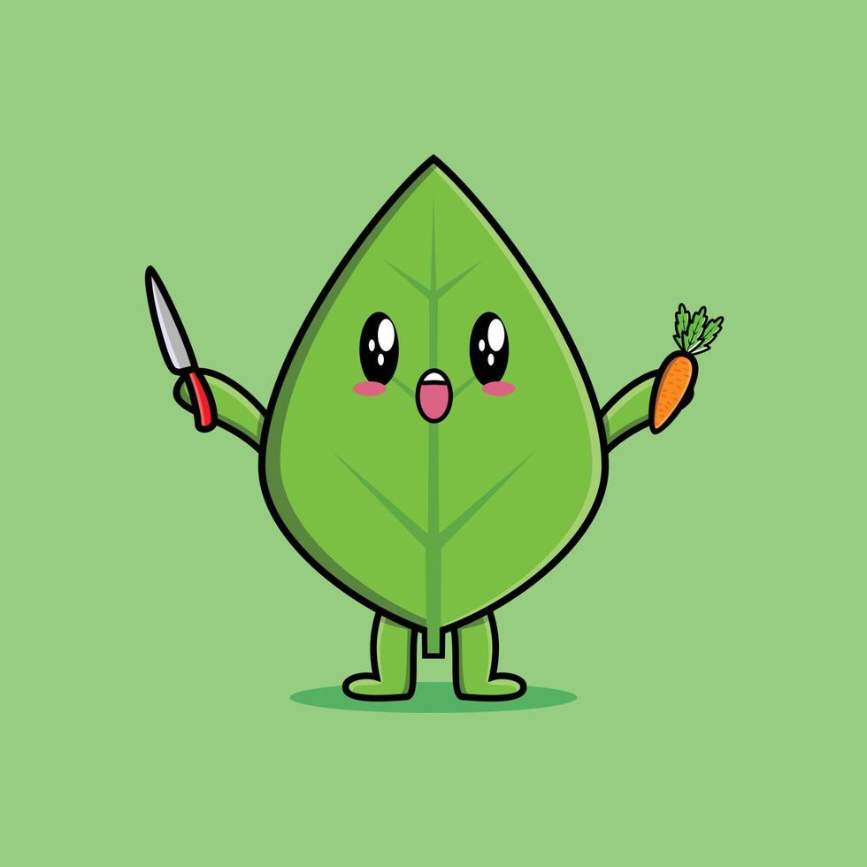 Cute cartoon green leaf character with happy expression in modern style design vector