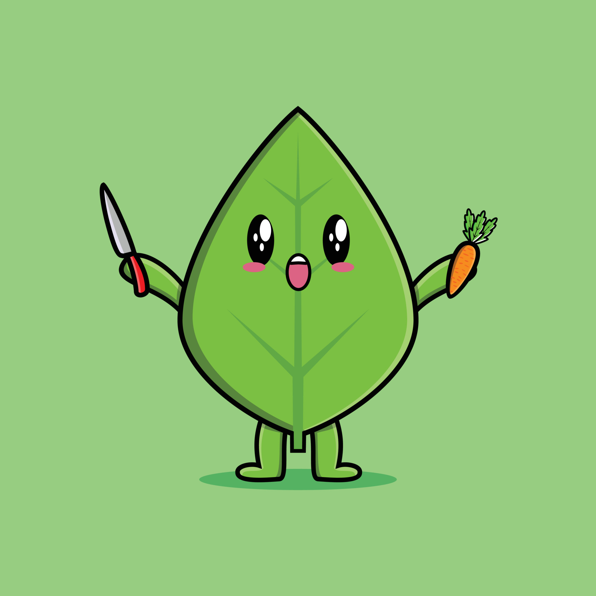 Cute cartoon green leaf character with happy expression in modern style