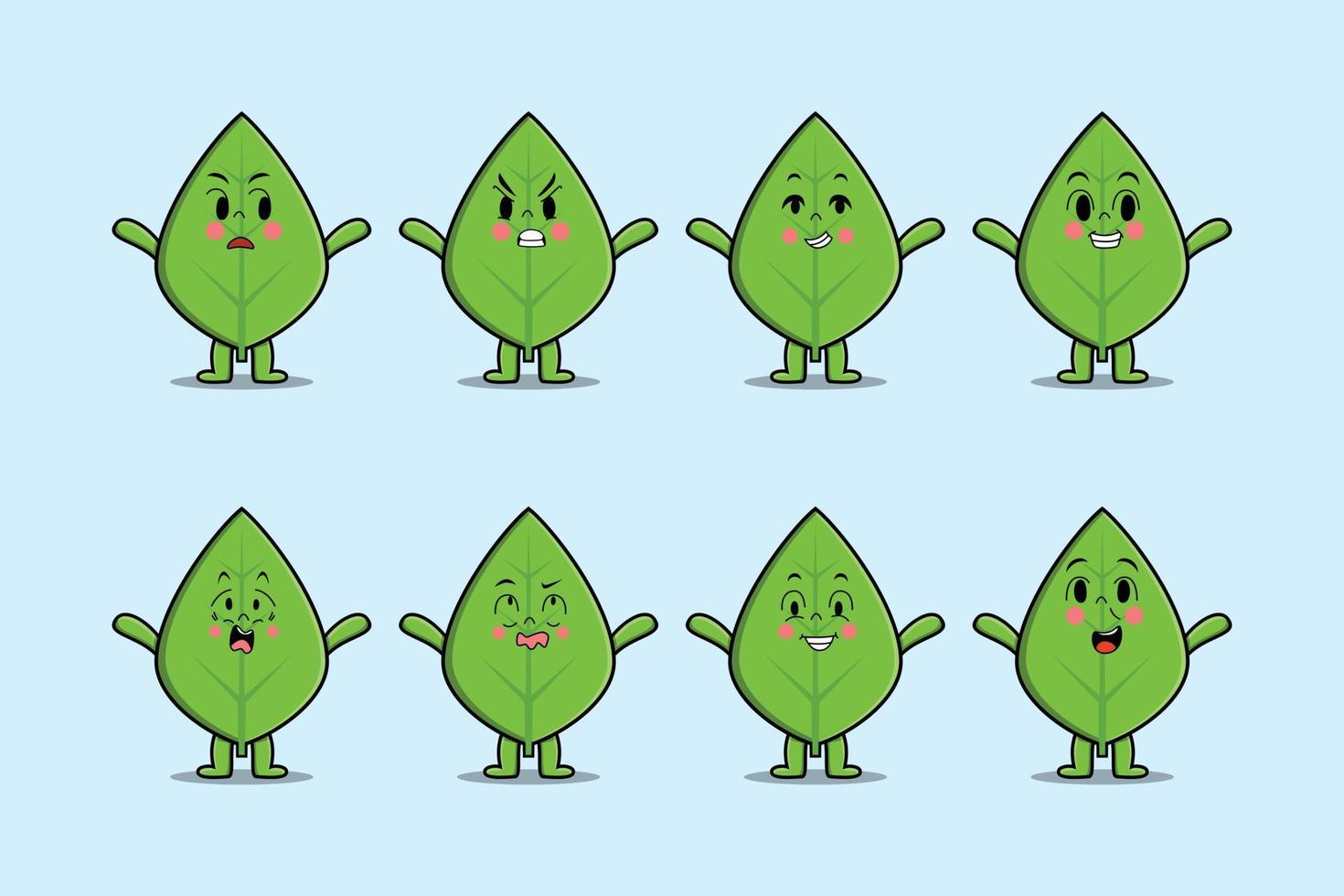 Set kawaii green leaf cartoon different expression vector