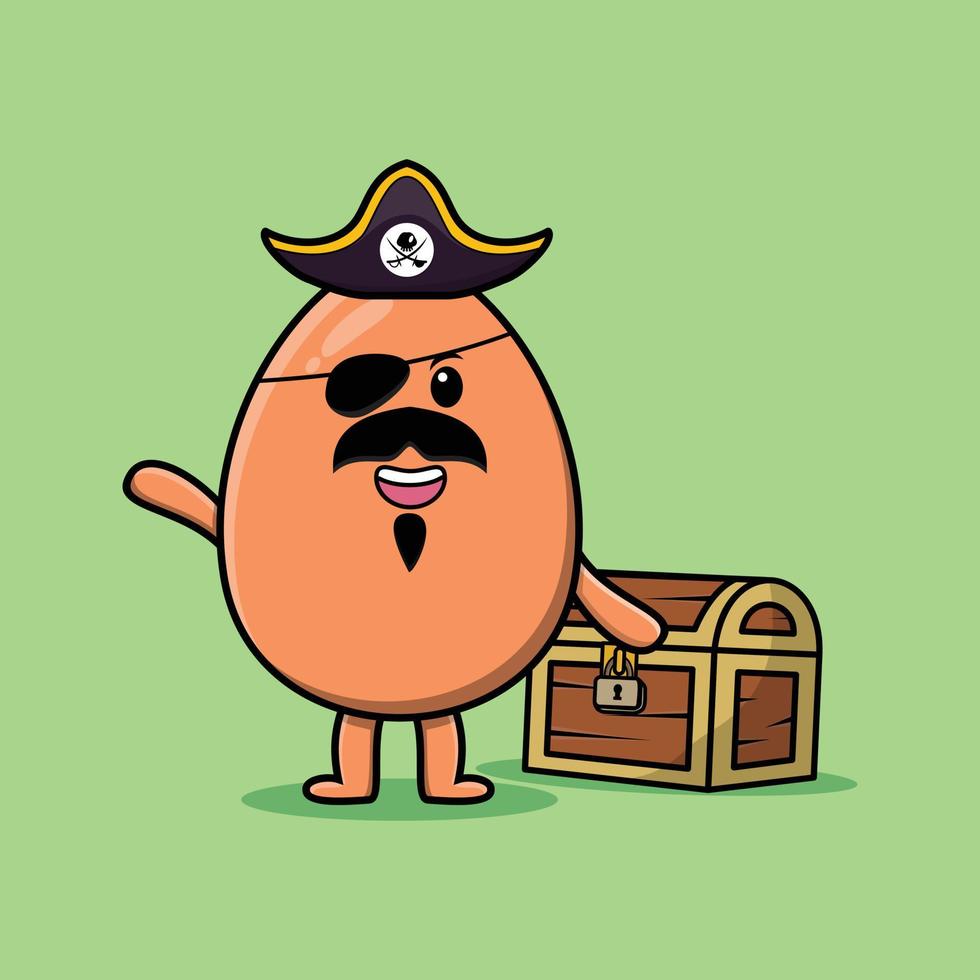 pirata de huevo lindo marrón de dibujos animados con cofre del tesoro vector