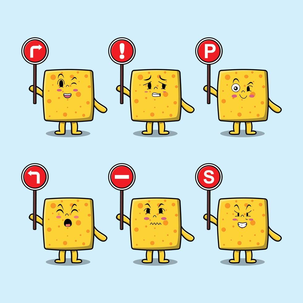 lindo personaje de dibujos animados de queso con señal de tráfico vector