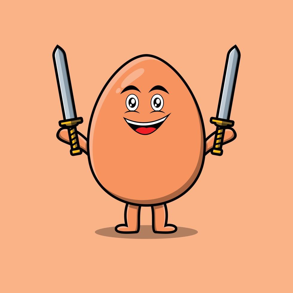 Cute cartoon Brown cute egg holding two sword vector