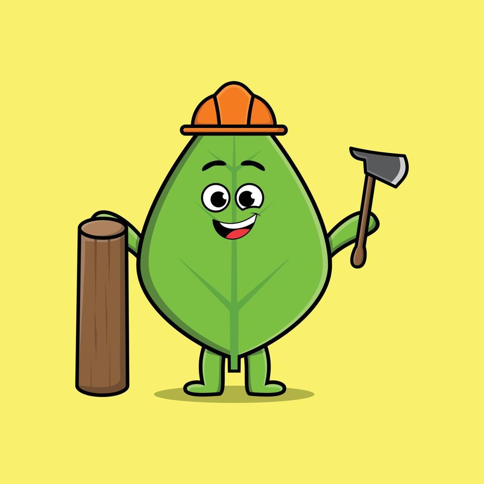 Cute cartoon green leaf carpenter with ax and wood vector