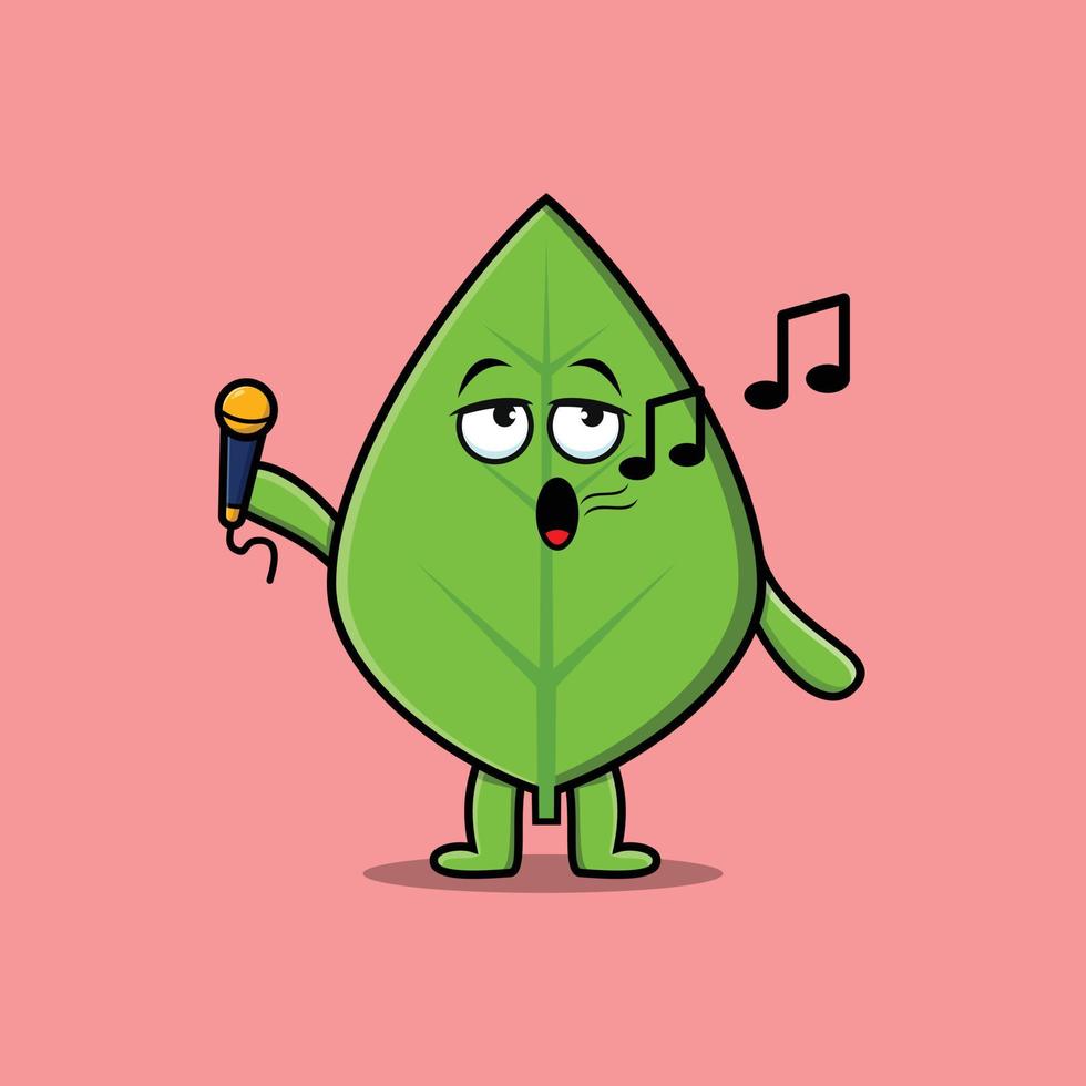 Cute cartoon green leaf singer holding mic vector