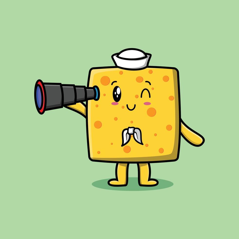 Cute cartoon cheese sailor with hat and binocular vector