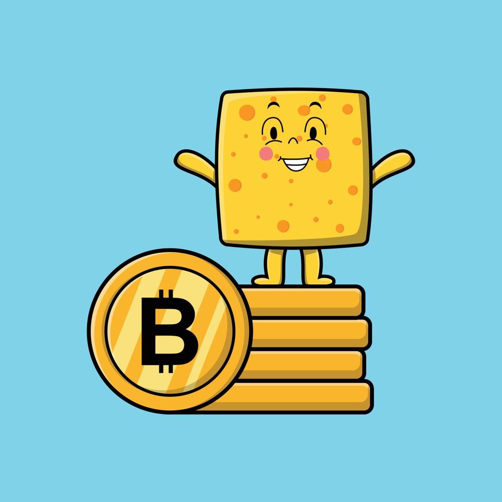 Cute cartoon cheese standing in stacked gold coin vector