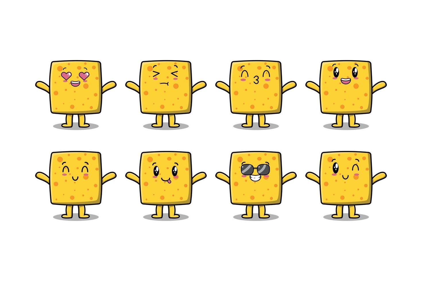 Establecer kawaii queso cartoon diferentes expresiones vector