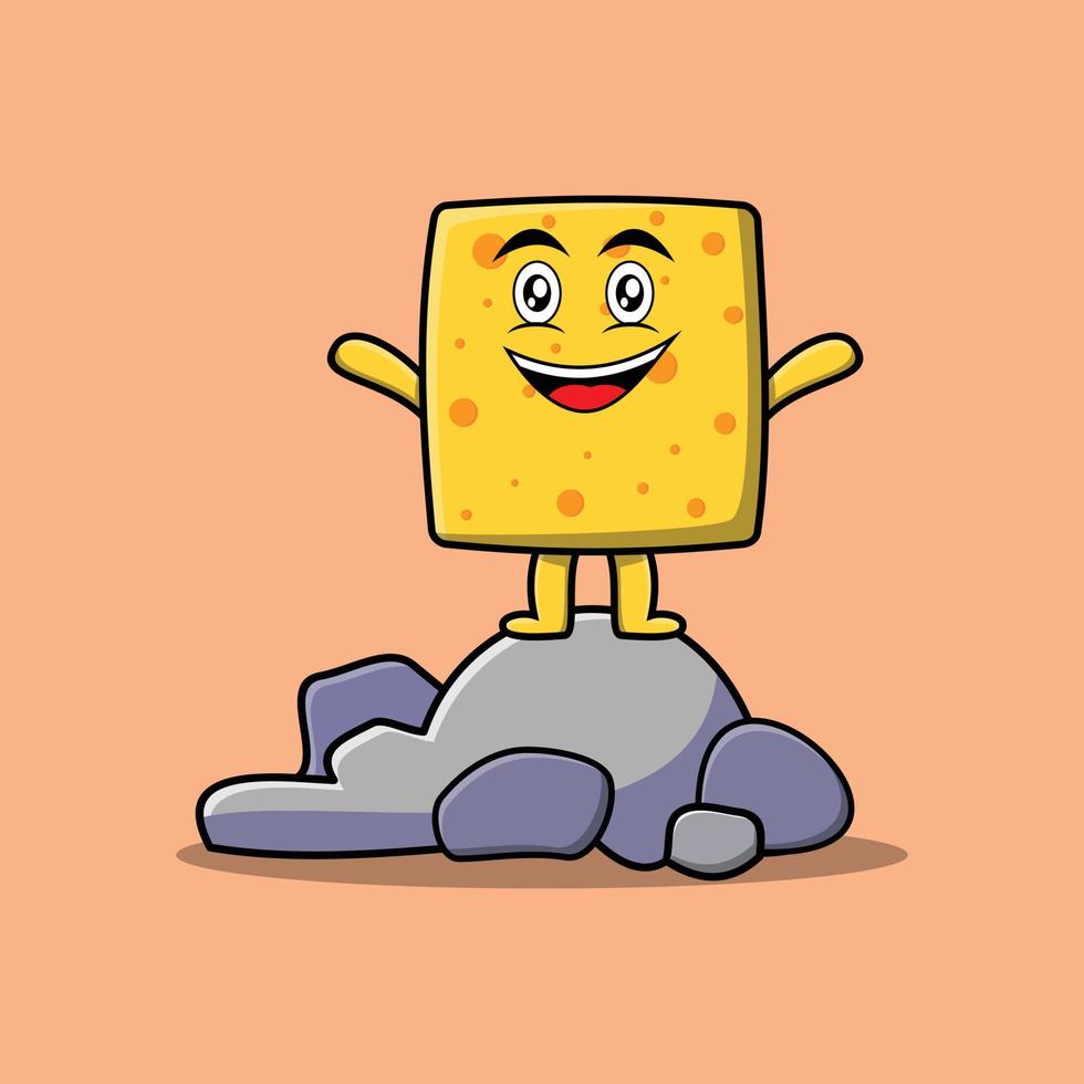 lindo personaje de queso de dibujos animados de pie en piedra vector