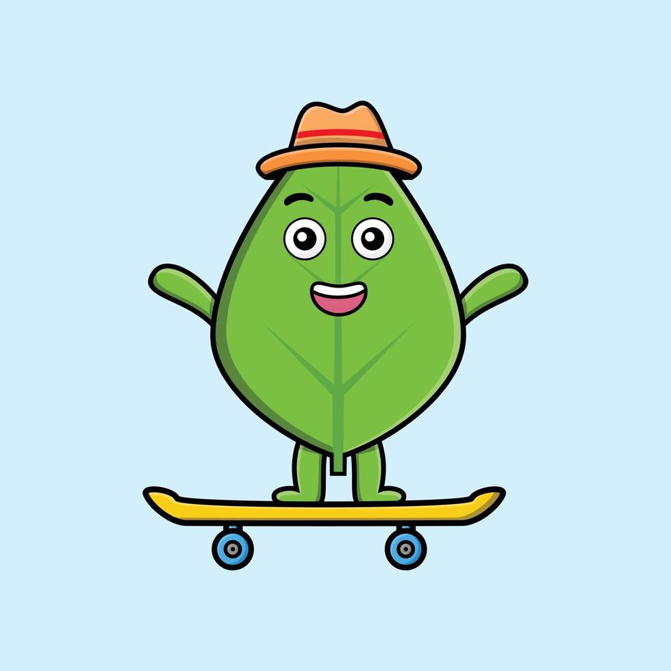 cute cartoon green leaf standing on skateboard vector