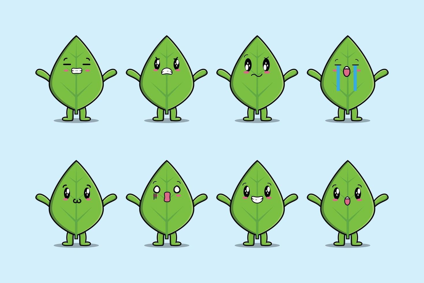 Establecer kawaii hoja verde cartoon expresión diferente vector