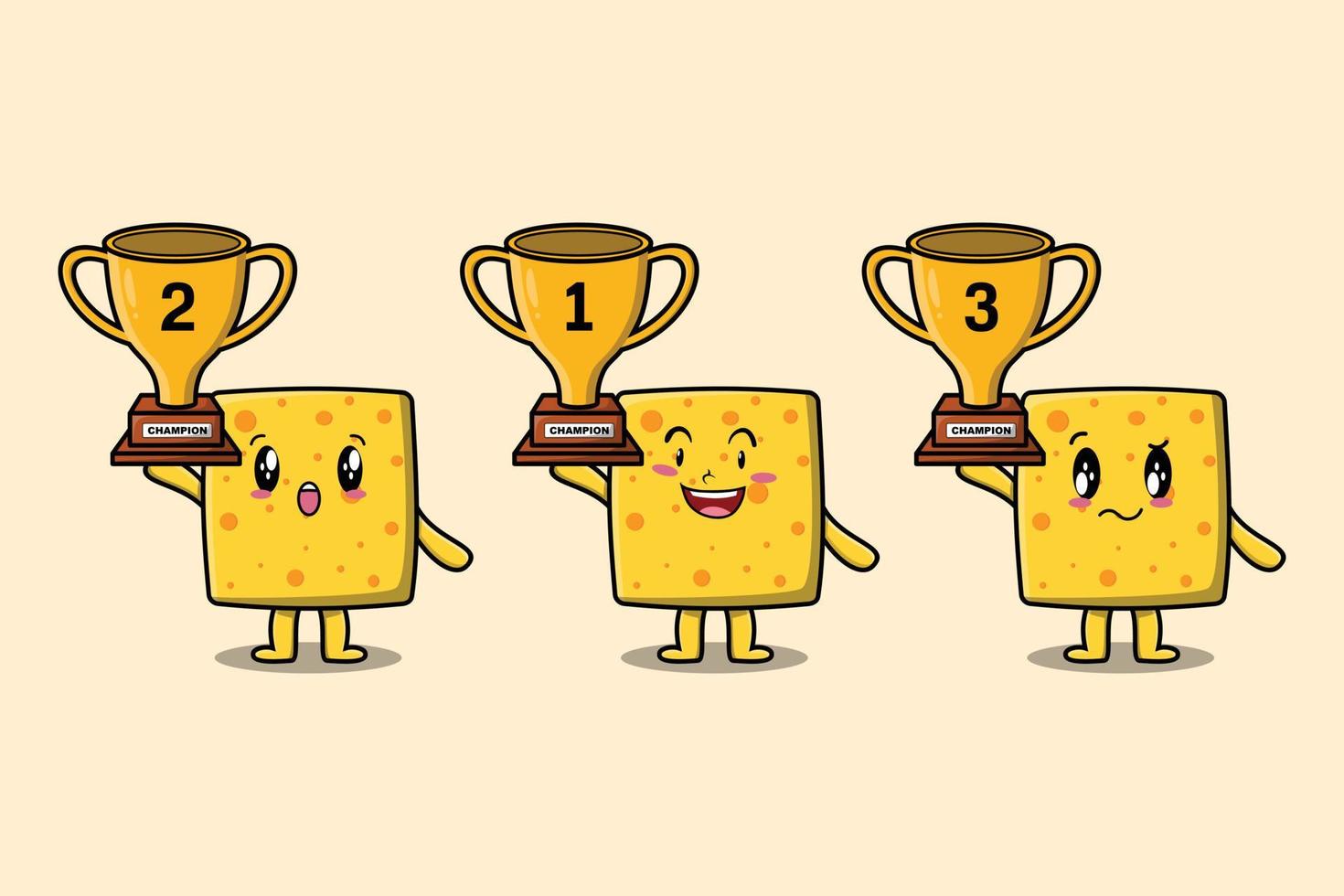 Set of cute cartoon cheese holding trophy vector