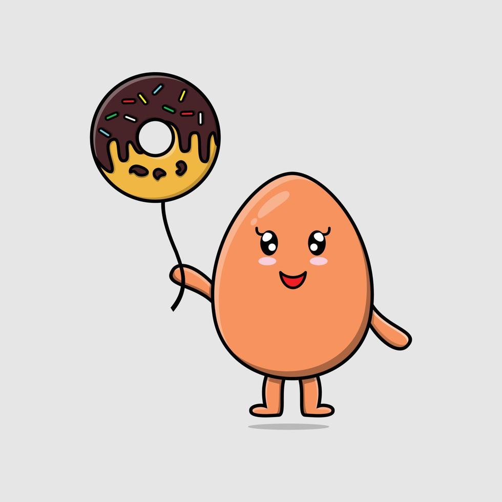 huevo lindo marrón de dibujos animados flotando con globo de donut vector