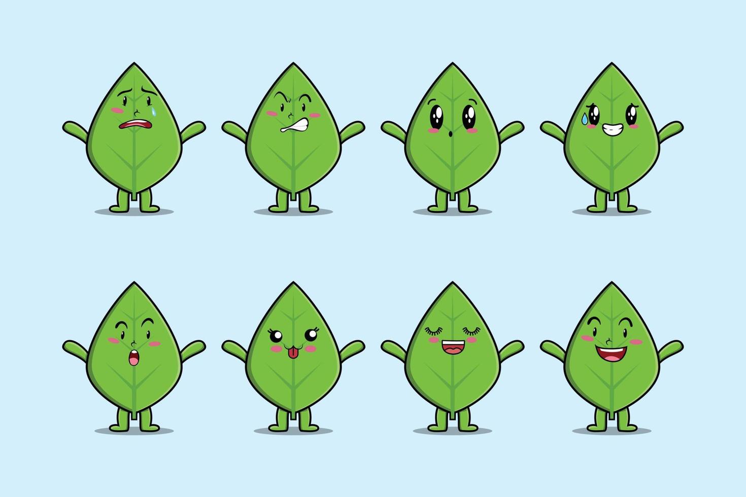 Establecer kawaii hoja verde cartoon expresión diferente vector