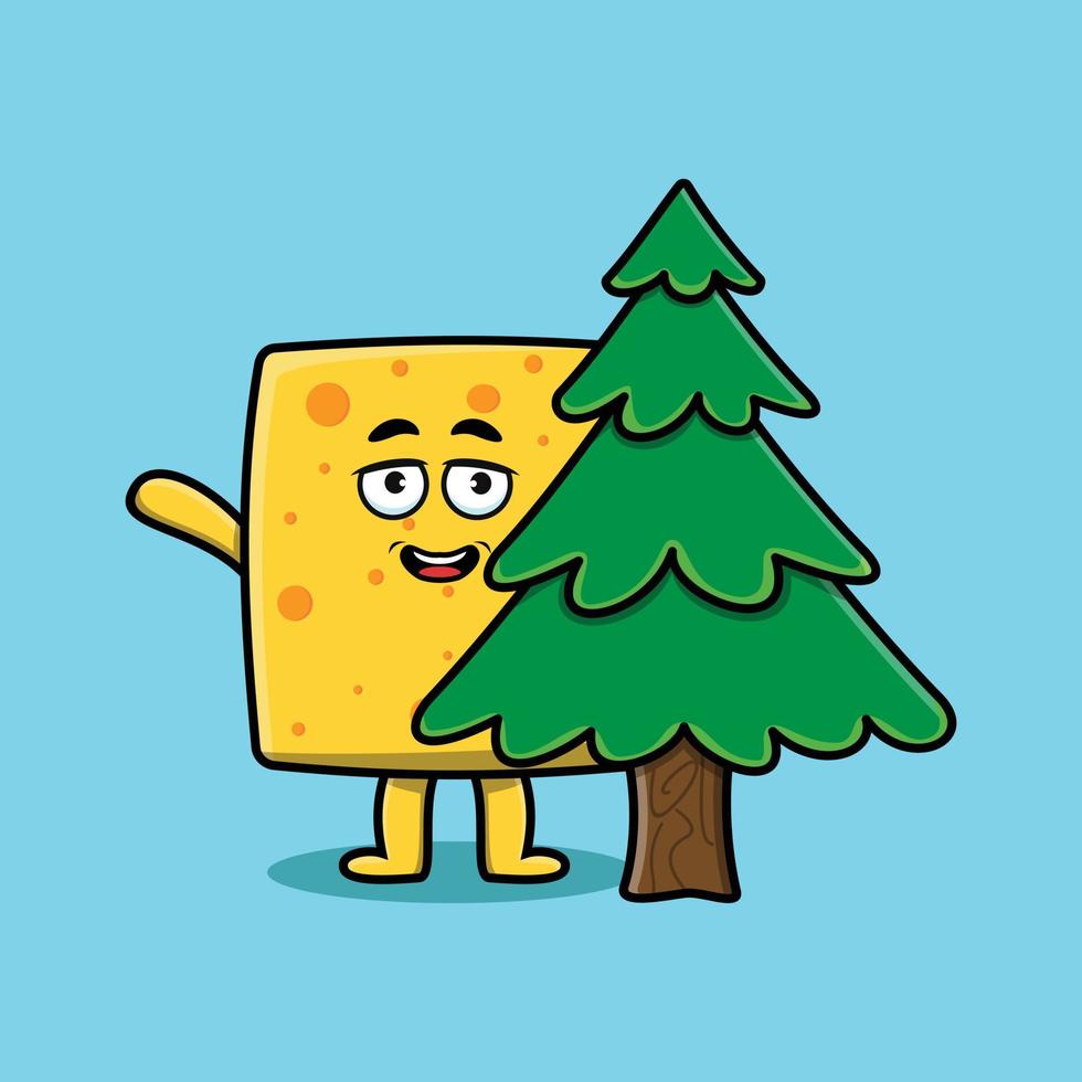 lindo personaje de queso de dibujos animados árbol escondido vector