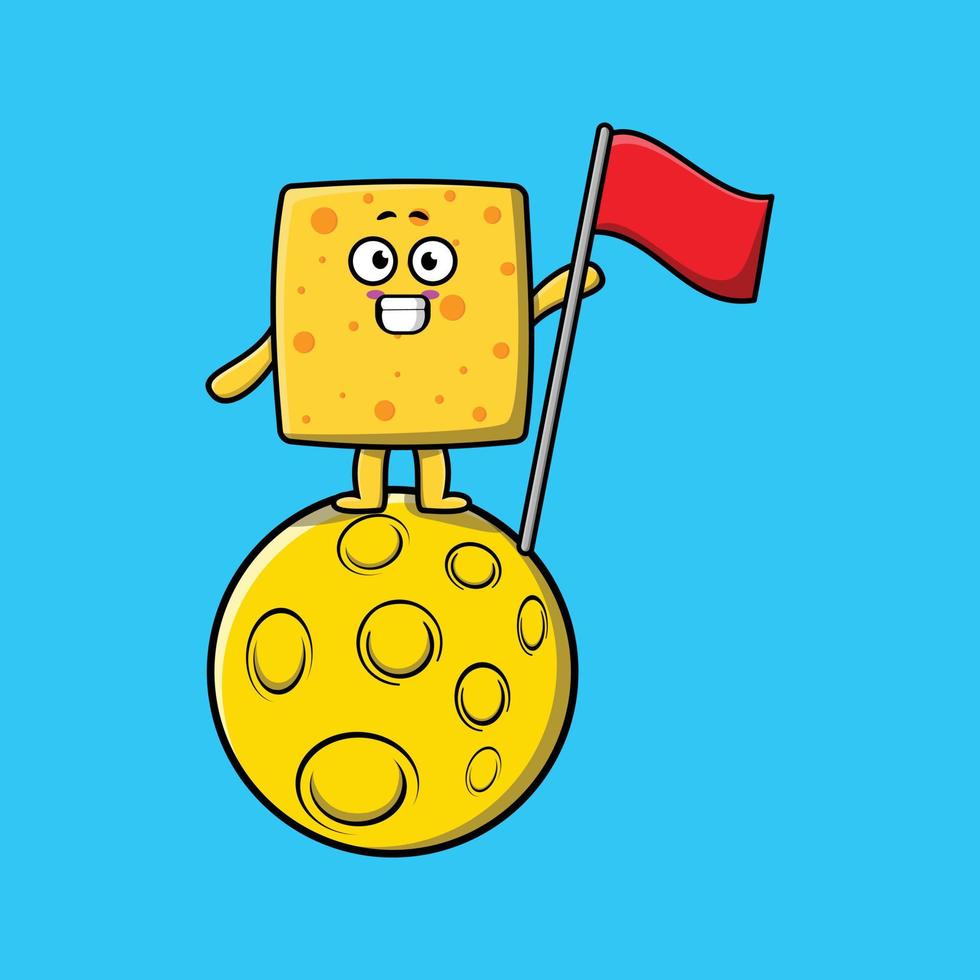 cartoon Cheese chef standing on the moon with flag vector