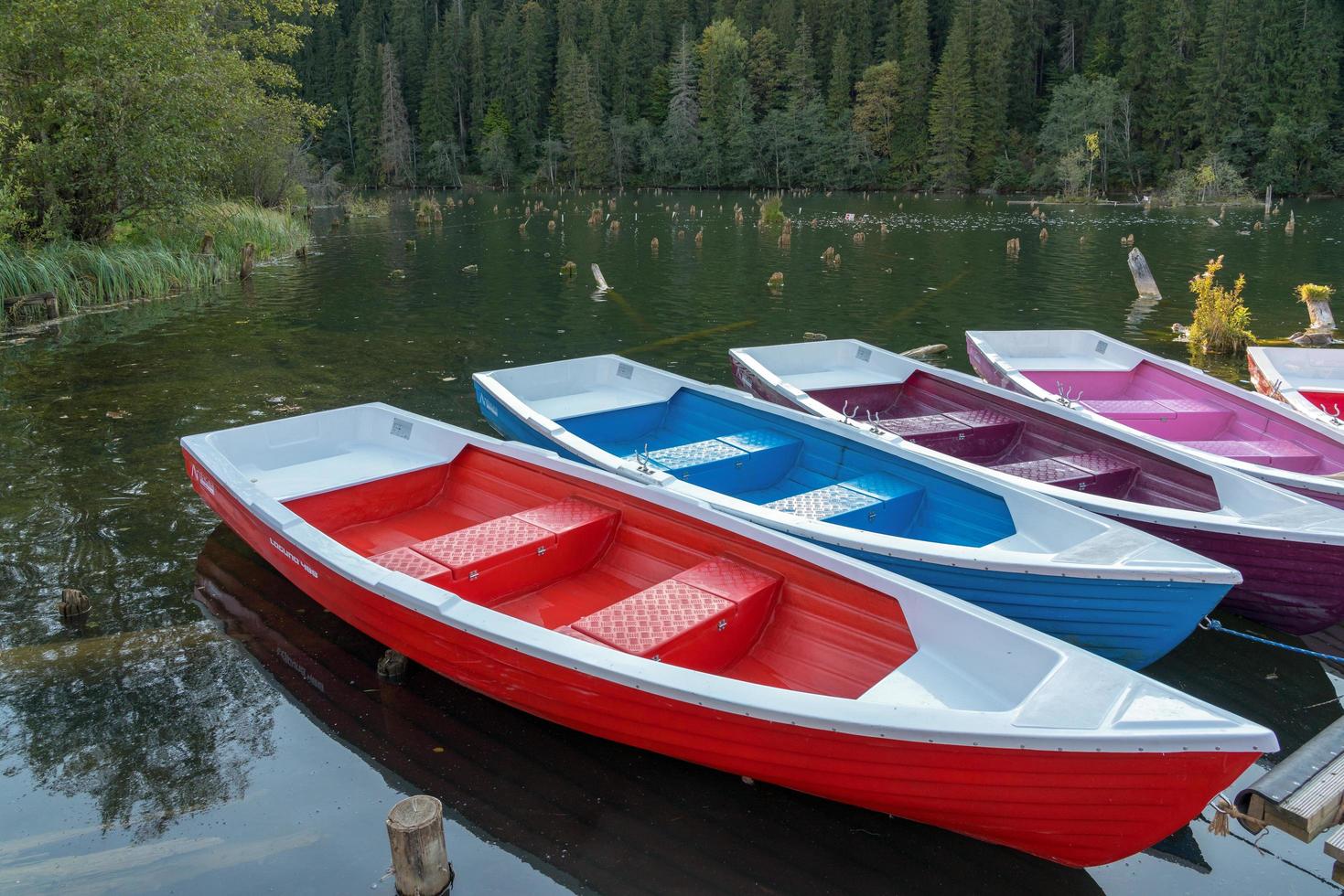 botes de remos amarrados en el lago rojo en los cárpatos orientales rumania el 19 de septiembre de 2018 foto