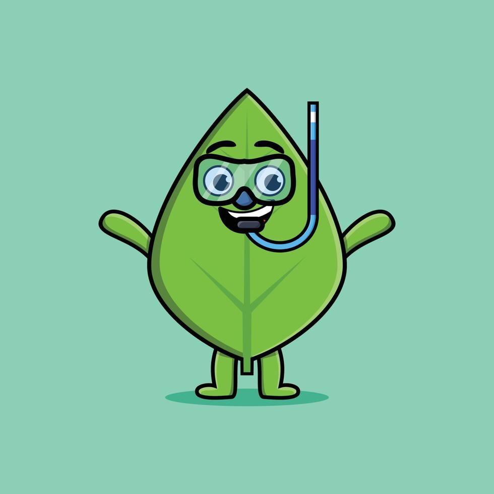 Cute cartoon green leaf diver with swimming glass vector