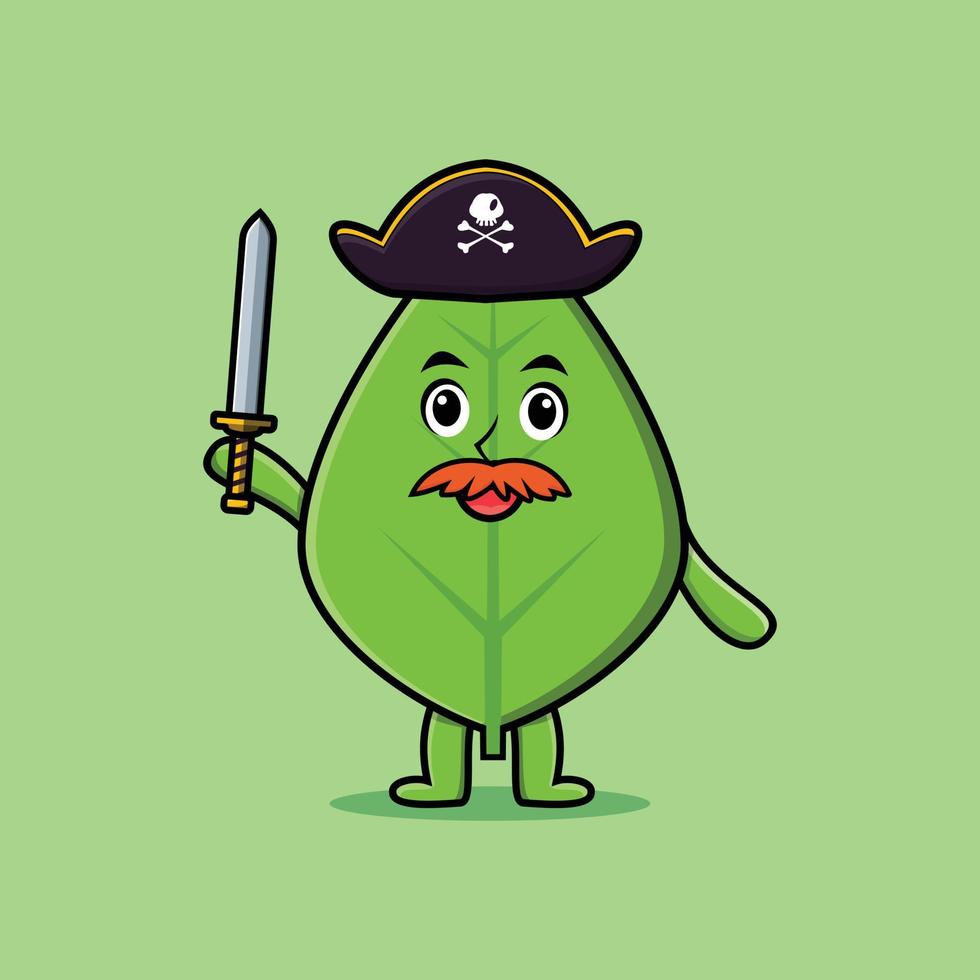 personaje de mascota de dibujos animados lindo pirata de hoja verde vector