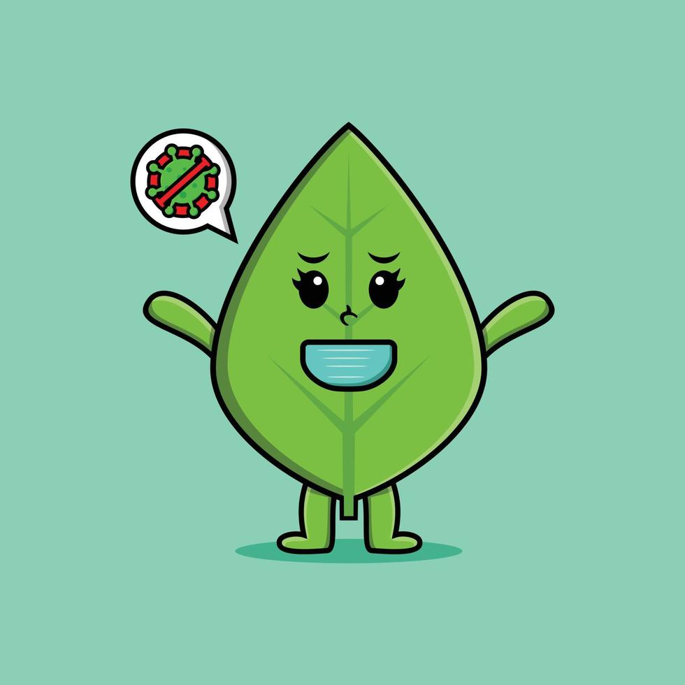 Cute cartoon green leaf using mask prevent virus vector