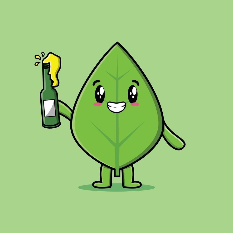 Cute cartoon character Green leaf with soda bottle vector