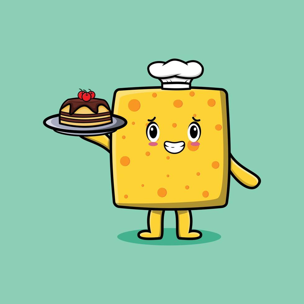 Cute Cartoon chef cheese serving cake on tray vector