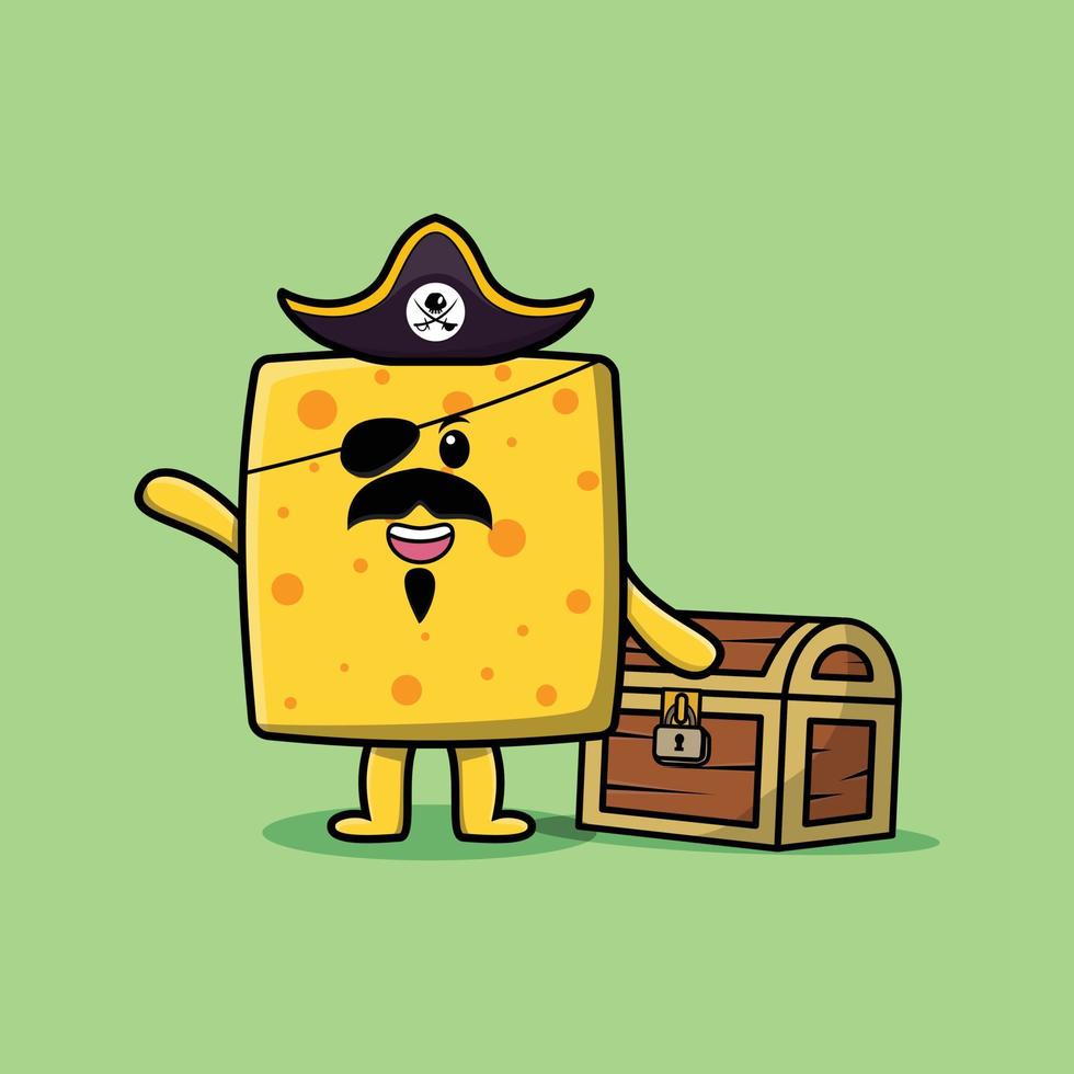 Cute cartoon Cheese pirate with treasure box vector