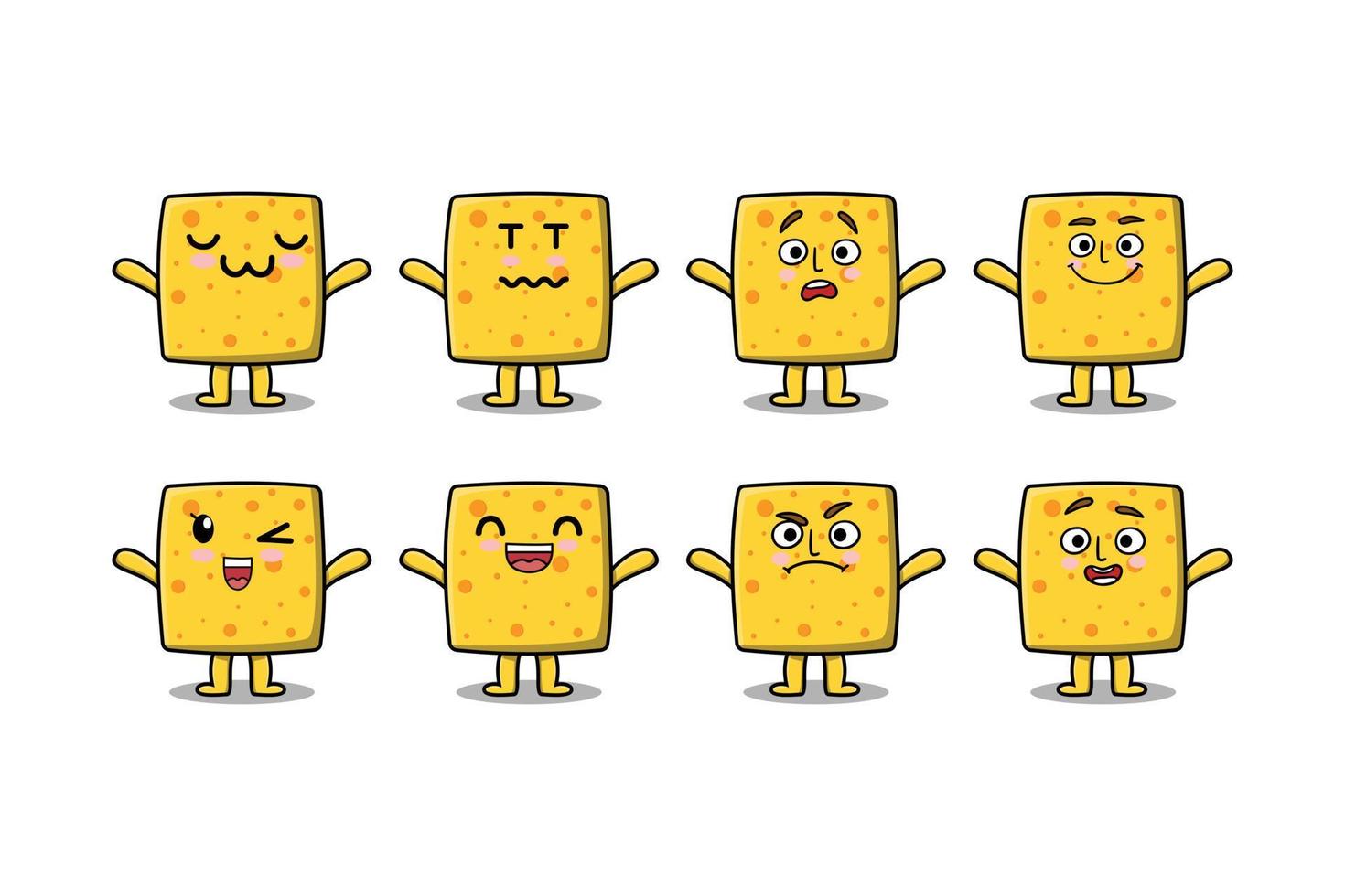 Establecer kawaii queso cartoon diferentes expresiones vector