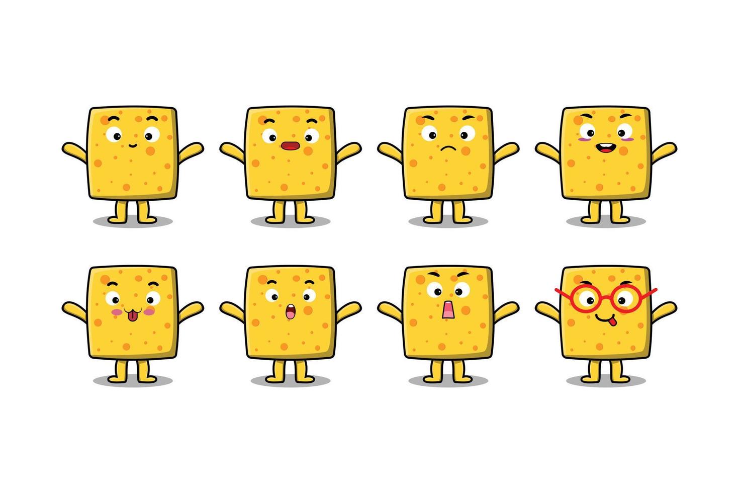 Establecer kawaii queso cartoon diferentes expresiones vector