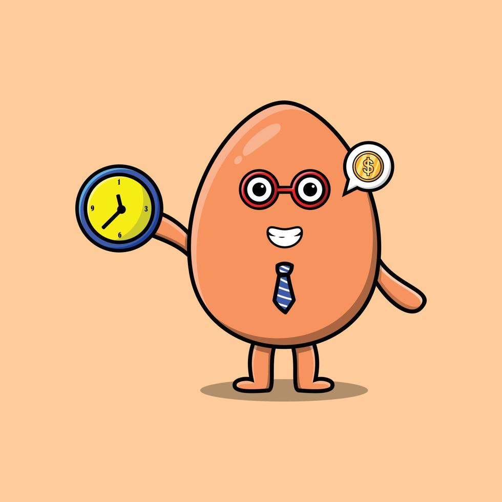 Cute cartoon brown cute egg holding clock vector
