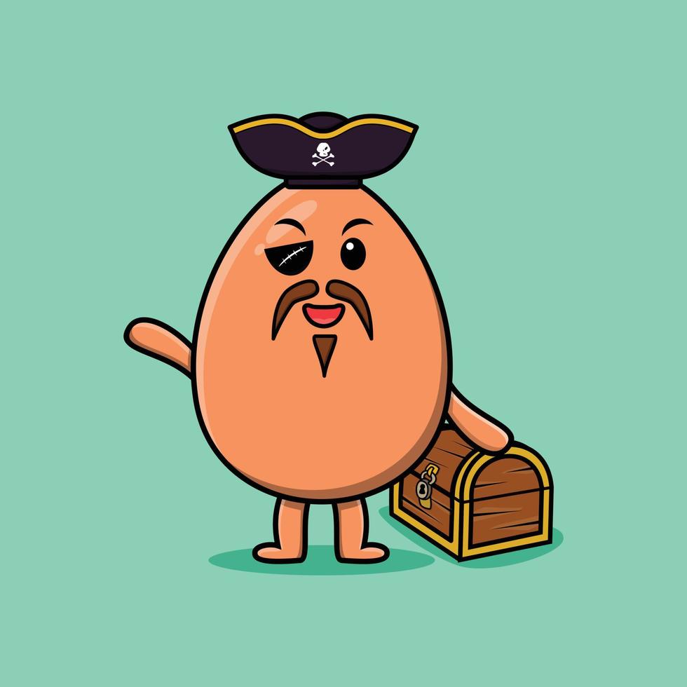 pirata de huevo lindo marrón de dibujos animados con cofre del tesoro vector