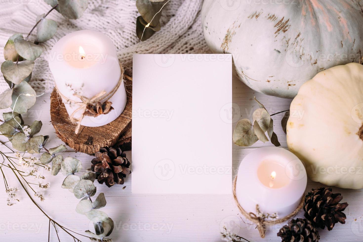Autumn composition mockup, cocoa, marshmallows, cookies, pumpkin and candles photo